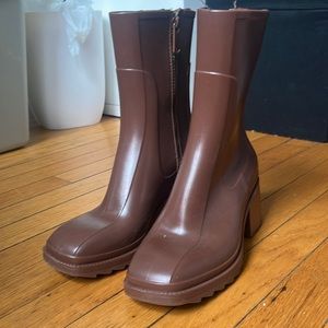 Brown Heeled Rain Boots